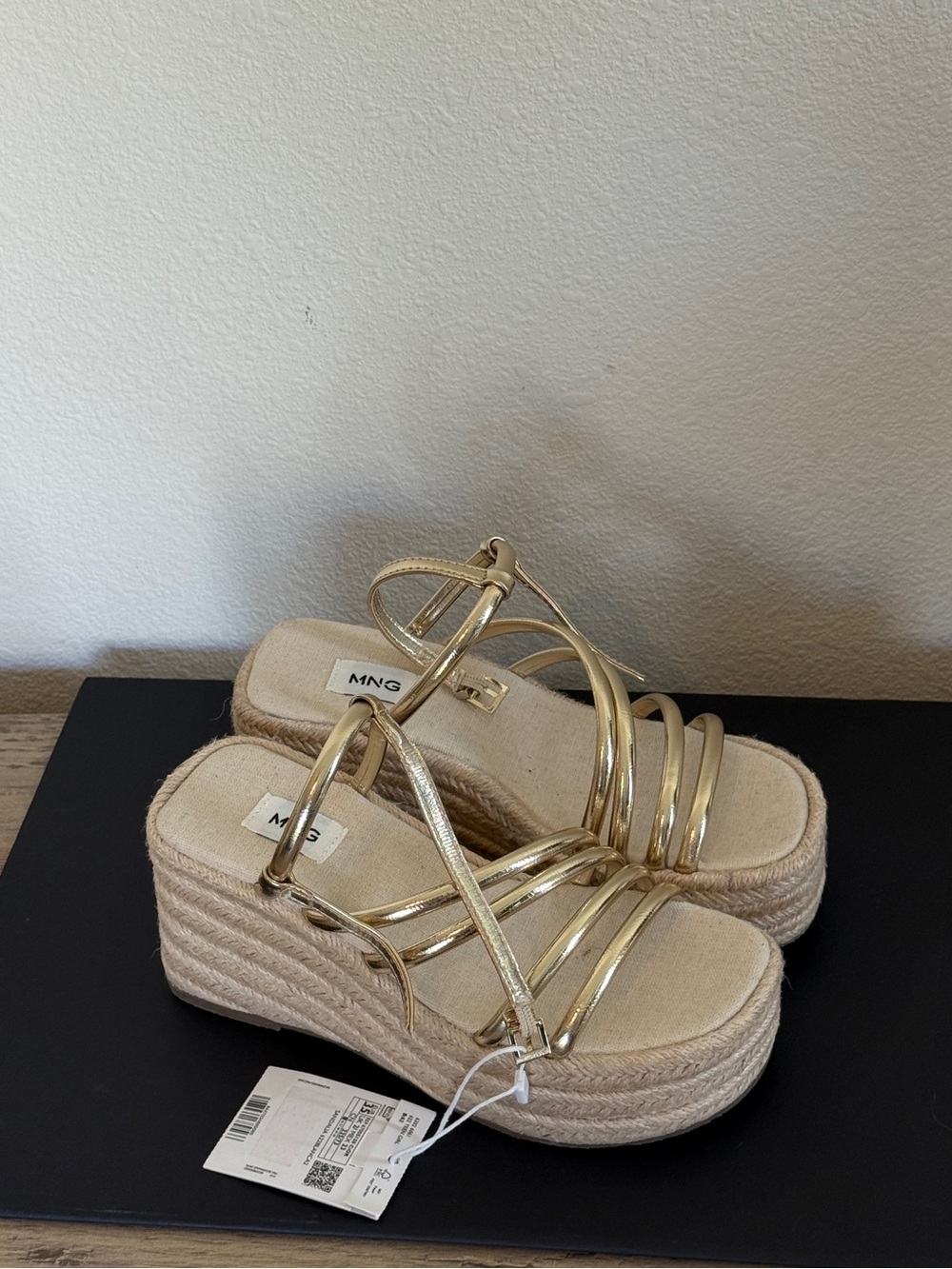 Mango Metallic Gold Strappy Espadrille Platform Sandals